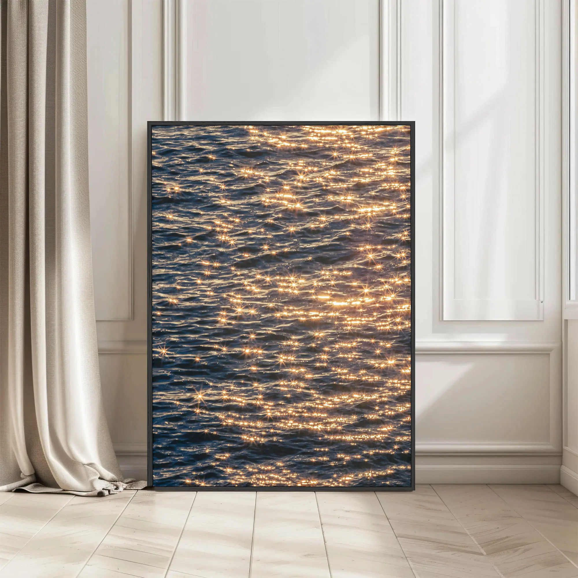 Modern arched alcove displaying a framed ocean print